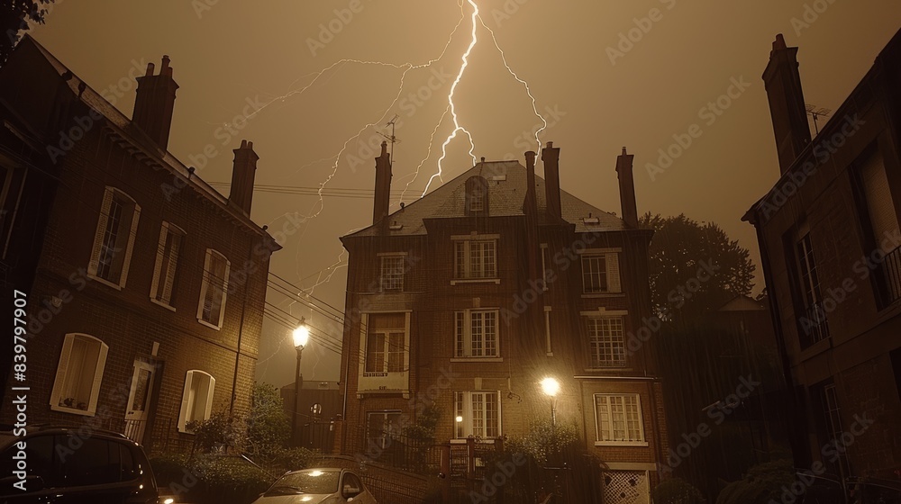A dramatic nighttime lightning storm illuminates the sky above a ...