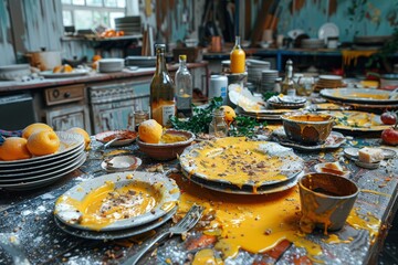 A chaotic kitchen scene with dirty dishes, spilled orange sauce, and various bottles, showcasing the aftermath of a cooking disaster or a feast gone wrong