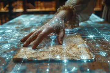 Aufkleber - a holographic display appearing over a handwritten letter. concept of digital vs. analog. generative