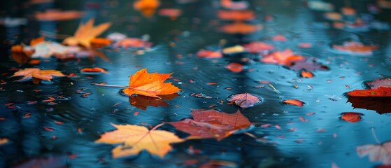 Wall Mural - Autumn leaves floating on water, rich colors, peaceful scene, natural beauty, copy space