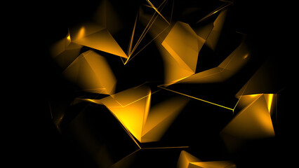 Abstract Bright Gold Faceted Shapes on Black Background - 3d rendered illustration of a glowing star, 3d rendered illustration of a star