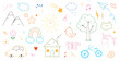 © Polina Tomtosova - Kid cute doodle set. Cute sun, house, tree kid doodle sketch style vector. Hand drawn sun, car, rainbow elements. Funny children pen outline flower, bird, butterfly. Vector illustration.