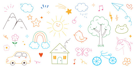 Wall Mural - Kid cute doodle set. Cute sun, house, tree kid doodle sketch style vector. Hand drawn sun, car, rainbow elements. Funny children pen outline flower, bird, butterfly. Vector illustration.