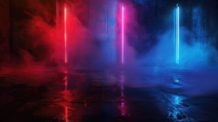 Canvas Print - Dark background of the street, thick fog, spotlight, blue and red neon. Abstract background with neon lights, night view.