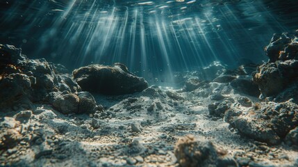 Wall Mural - Depth of sea water, the bottom of the sea, the rays of the sun through the water, the underwater world, dark sea the background. Rocks and stones under water. Sea sand