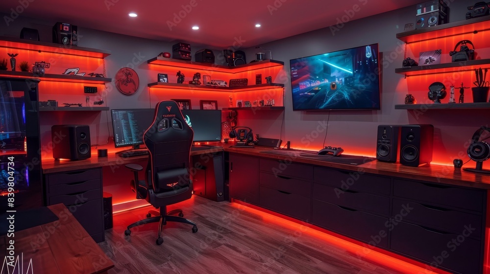 A computer gaming room with a red theme Stock Illustration | Adobe Stock