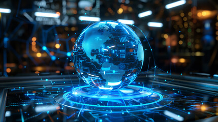 Poster - futuristic technology sphere hologram digital data internet connectivity across the globe, tech background wallpaper 
