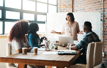 Poster - Presentation, meeting and business people in office for brainstorming, planning and discussion. Diversity, creative agency and men and women with whiteboard for teamwork, feedback and collaboration