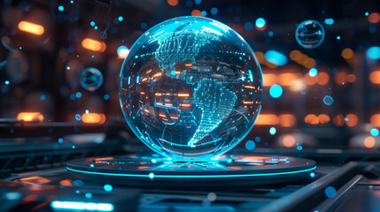 Poster - futuristic technology sphere hologram digital data internet connectivity across the globe, tech background wallpaper 