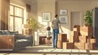 © thekob5123 - illustration of a family moving into their new house, unpacking boxes and arranging the living room.