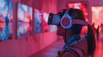 Wall Mural - Futuristic art gallery with interactive AI exhibits, visitors using augmented reality glasses to experience art
