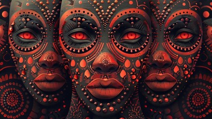 An African mask with a bright red background and intricate patterns. The striking contrast between the mask and background enhances the cultural significance and artistic details of the mask.