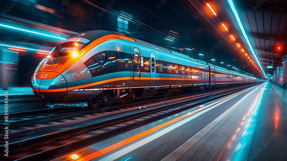 High-speed train in motion. High-speed train racing through a brightly lit underground station, with a sleek and modern design.