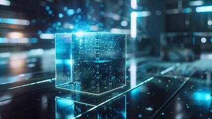 Poster - futuristic technology cube hologram digital data internet connectivity, cyber tech background wallpaper 