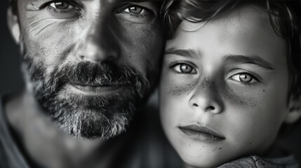 Wall Mural - minimalist close up of a father and son the stark background accentuating the tension in their posture 