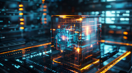 Poster - futuristic technology cube hologram digital data internet connectivity, cyber tech background wallpaper 