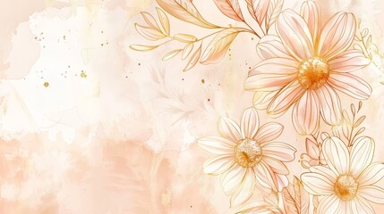 Elegant watercolor floral background with delicate peach and gold flowers and leaves, perfect for invitations, wedding cards, and seasonal designs.