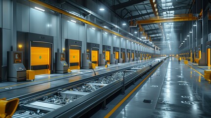 Aufkleber - High-Tech Automated Industrial Warehouse Interior. Interior of a modern, high-tech industrial warehouse featuring automated systems, yellow doors, and a clean, well-lit environment.