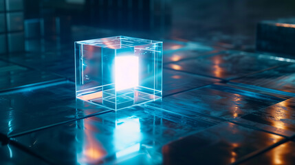 Poster - futuristic technology cube hologram digital data internet connectivity, cyber tech background wallpaper 