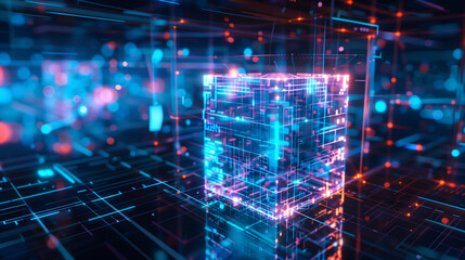 Poster - futuristic technology cube hologram digital data internet connectivity, cyber tech background wallpaper 