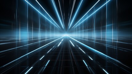 Immersive and futuristic tunnel with neon blue light beams creating a sense of depth and infinity.