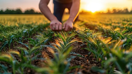 A senior farmer working in crops field in sunrise background  