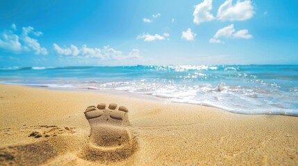 foot print on the sand of beach with nice blue sky
