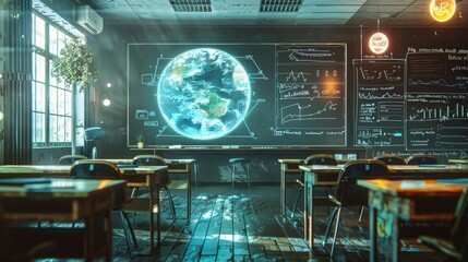 Wall Mural - Futuristic school classroom with augmented reality projected in a electronic blackboard, generative AI