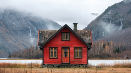 Poster - A typical red and colorful cottage of the Norwegian culture and architecture in Norway. High quality photo  