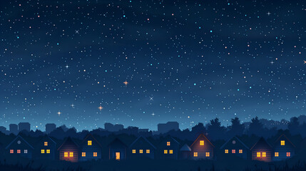 city landscape with houses at night sky with stars