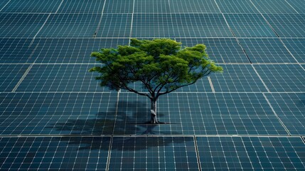 Wall Mural - Tree Growing Amidst Solar Panels Symbolizing Sustainable Energy Evolution