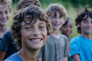 Portrait of smiling boy looking at camera in the park with his friends