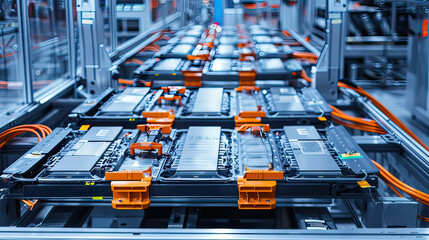 mass production assembly line of electric vehicle close-up view.
