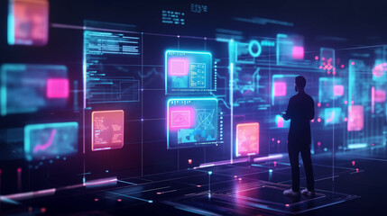 Poster - person standing in futuristic data monitoring room, digital data management system software technology hologram, futuristic business managing software tech, internet data