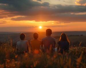 Wall Mural - Family Watching a Serene Sunset Together in a Peaceful Countryside Landscape