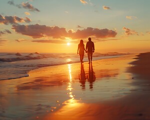 Canvas Print - Elderly Couple Enjoying Sunset Stroll on Picturesque Beach during Retirement Travel