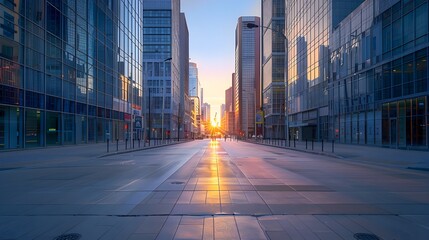 Wall Mural - Empty Business District at Sunrise with Glass Skyscrapers and Urban Landscape