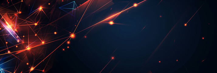 Abstract banner background with glowing red and blue polygonal shapes and orange lines on a dark background 