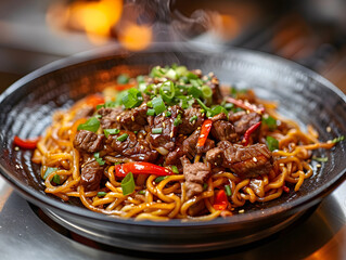 a colorful beef noodle with the bright orange of carrots, the deep red of beef, and the green of onions and peppers all mingling together. 