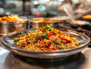 a colorful beef noodle with the bright orange of carrots, the deep red of beef, and the green of onions and peppers all mingling together. 