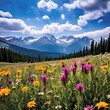 © Prashant - A panoramic photo of a colorful wildflower meadow stretching towards snow-capped mountains in the distance