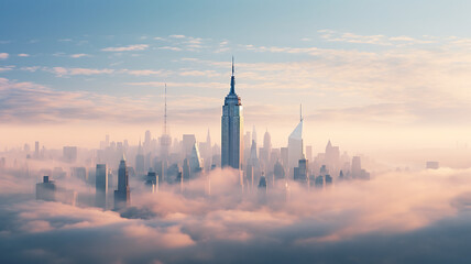 Wall Mural - New York City skyline with skyscrapers and foggy morning.