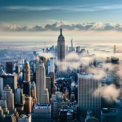 Wall Mural - New York City skyline with skyscrapers and foggy morning.