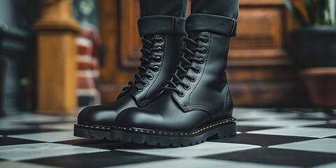 Black leather boots with polished shine and space for copying