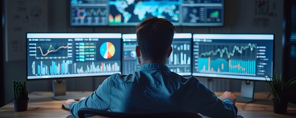 Poster - seo specialist analyzing website traffic data on dual monitors for online business and e commerce co