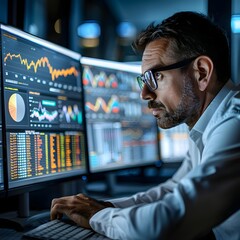 Poster - Financial Analyst Reviewing Market Data on Multiple Screens