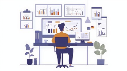 Poster - financial coaching session with data visualization and business analytics on workplace desk