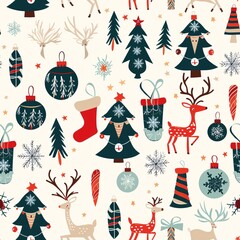 A seamless pattern of Christmas ornaments and wrapping paper featuring reindeer, trees, and stockings, harmoniously arranged