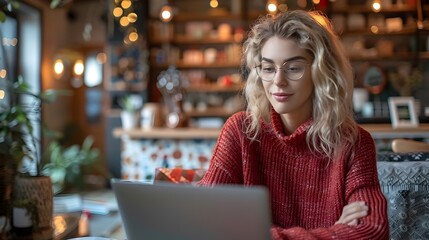 Poster - Young female entrepreneur updating online store from laptop in modern office