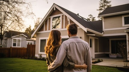 a couple standing in front of a house, looking at it